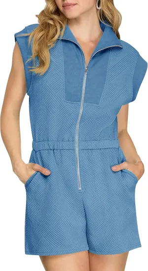 Cicy Bell Womens Casual Cap Sleeve Rompers Textured Zip Up Collared Short Jumpsuit Elastic Waist Summer Outfit