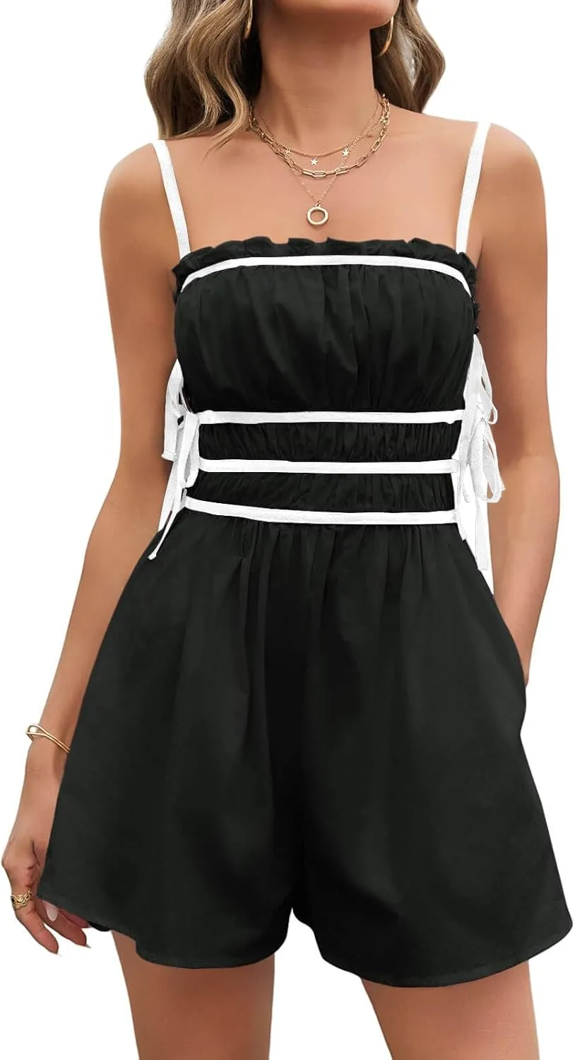Cicy Bell Womens Summer Spaghetti Strap Romper Sleeveless Ruffle Color Block Short Jumpsuit Smocked Vacation Beach Outfits