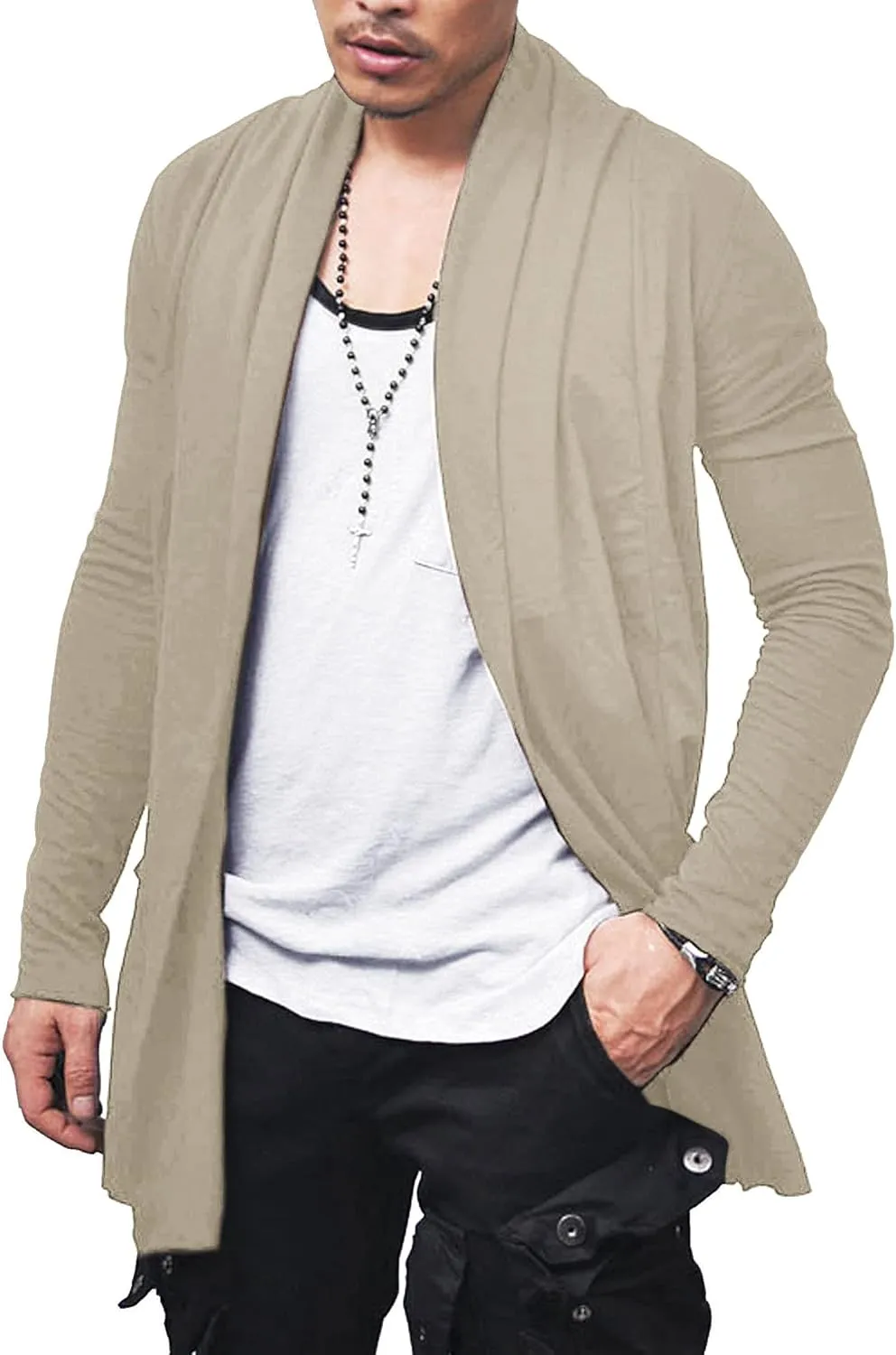 COOFANDY Men's Ruffle Shawl Collar Cardigan Open Front Lightweight Long Length Drape Cape Overcoat with Pockets
