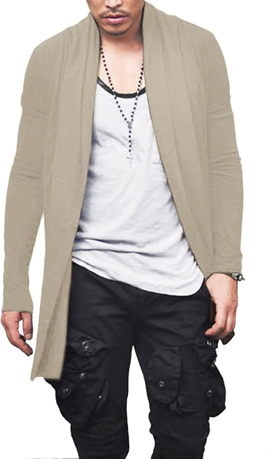 COOFANDY Men's Ruffle Shawl Collar Cardigan Open Front Lightweight Long Length Drape Cape Overcoat with Pockets