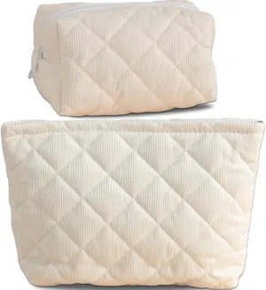 Corduroy Makeup Bag 2 Piece Set, Cosmetic Bag for Teens, Quilted Make up Pouch for Girls, Travel Toiletry Bag Organizer for Women, Wide-open Office Storage, Daily Essentials Christmas Gifts, White