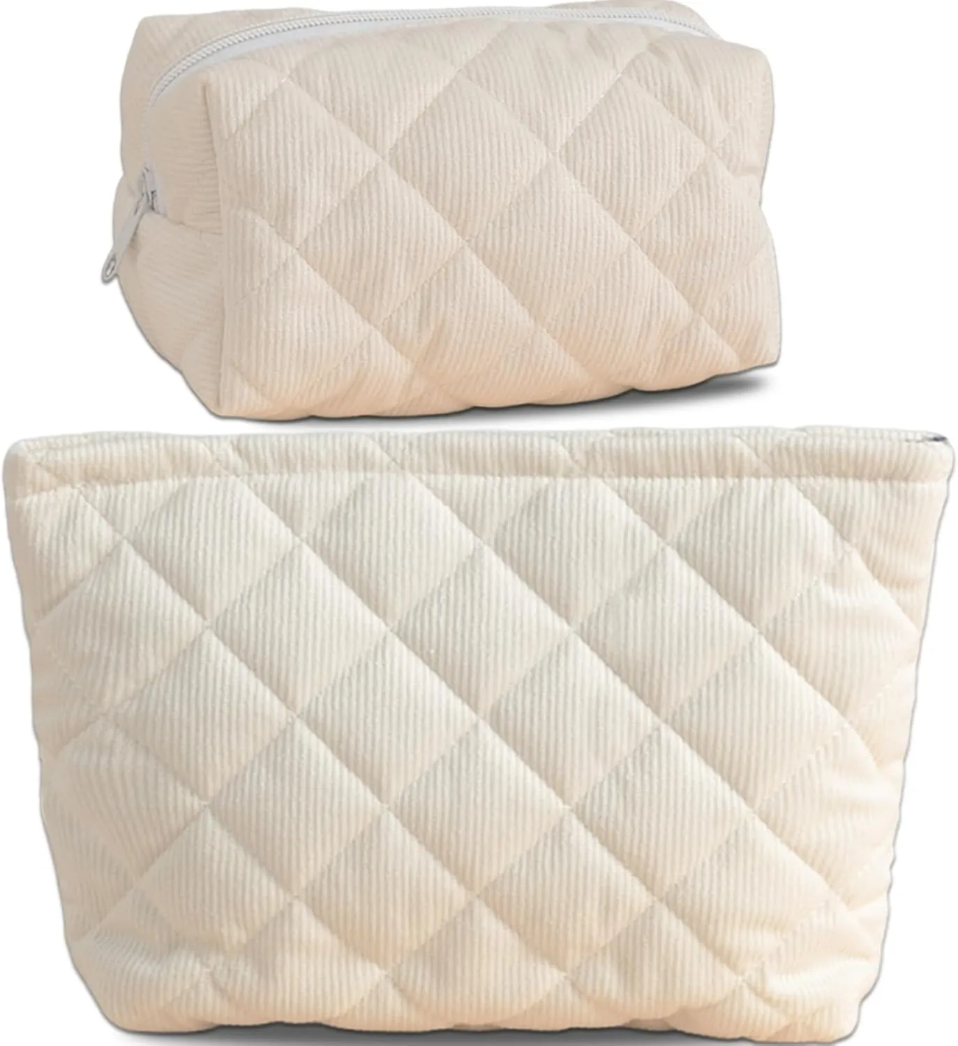 Corduroy Makeup Bag 2 Piece Set, Cosmetic Bag for Teens, Quilted Make up Pouch for Girls, Travel Toiletry Bag Organizer for Women, Wide-open Office Storage, Daily Essentials Christmas Gifts, White