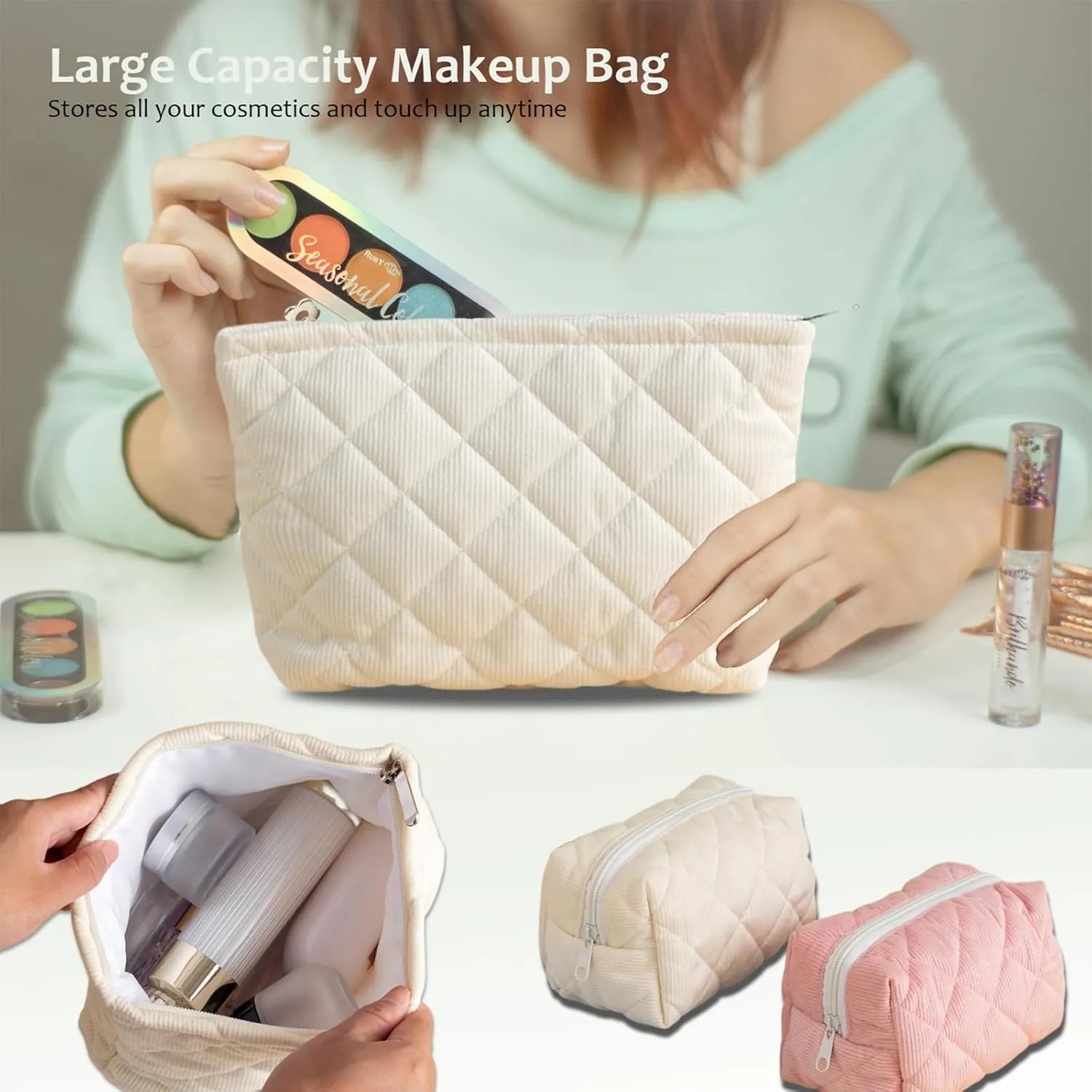 Corduroy Makeup Bag 2 Piece Set, Cosmetic Bag for Teens, Quilted Make up Pouch for Girls, Travel Toiletry Bag Organizer for Women, Wide-open Office Storage, Daily Essentials Christmas Gifts, White