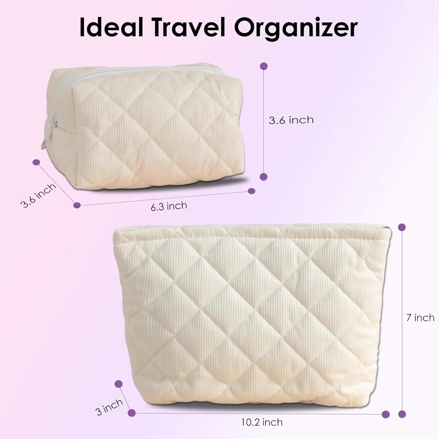 Corduroy Makeup Bag 2 Piece Set, Cosmetic Bag for Teens, Quilted Make up Pouch for Girls, Travel Toiletry Bag Organizer for Women, Wide-open Office Storage, Daily Essentials Christmas Gifts, White