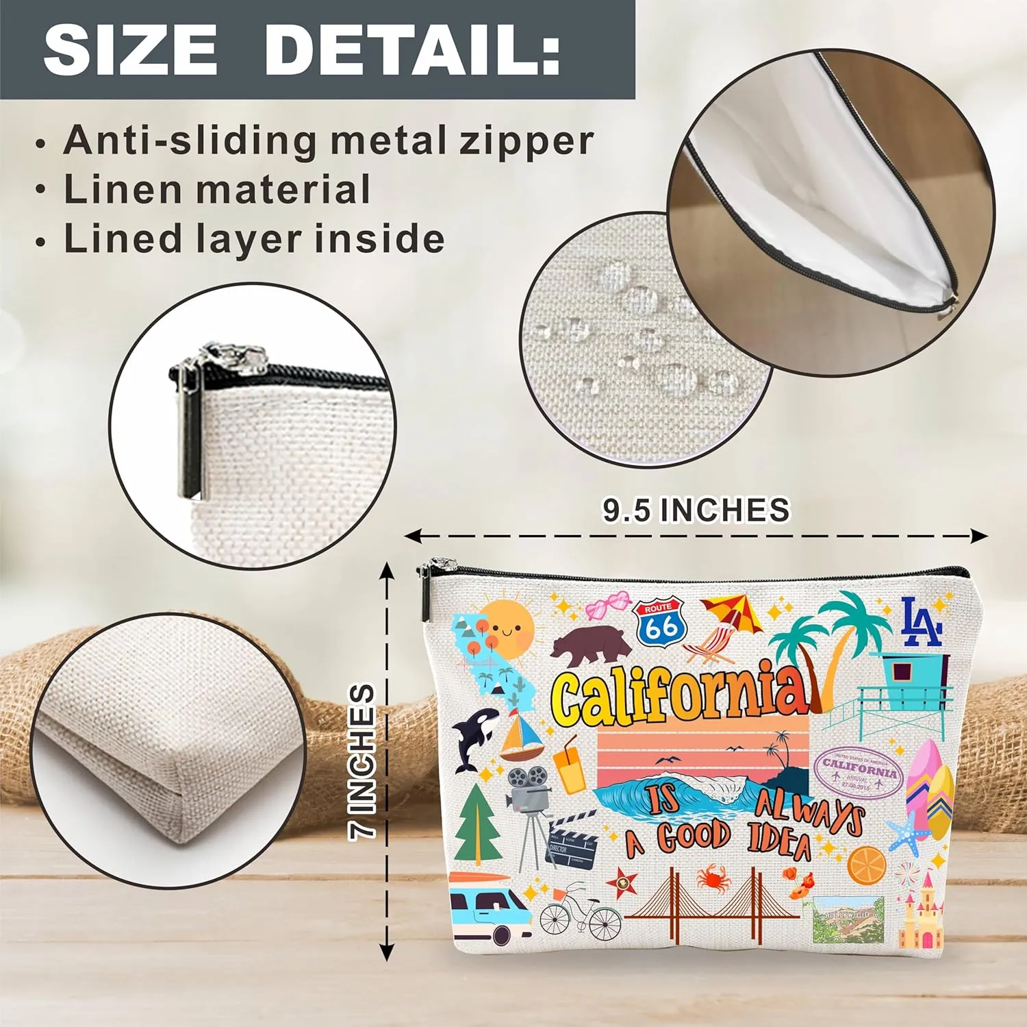 Cosmetic Bags for Women: Travel Organizer Bags, Makeup and Toiletry Pouch - California Themed Gifts - D05