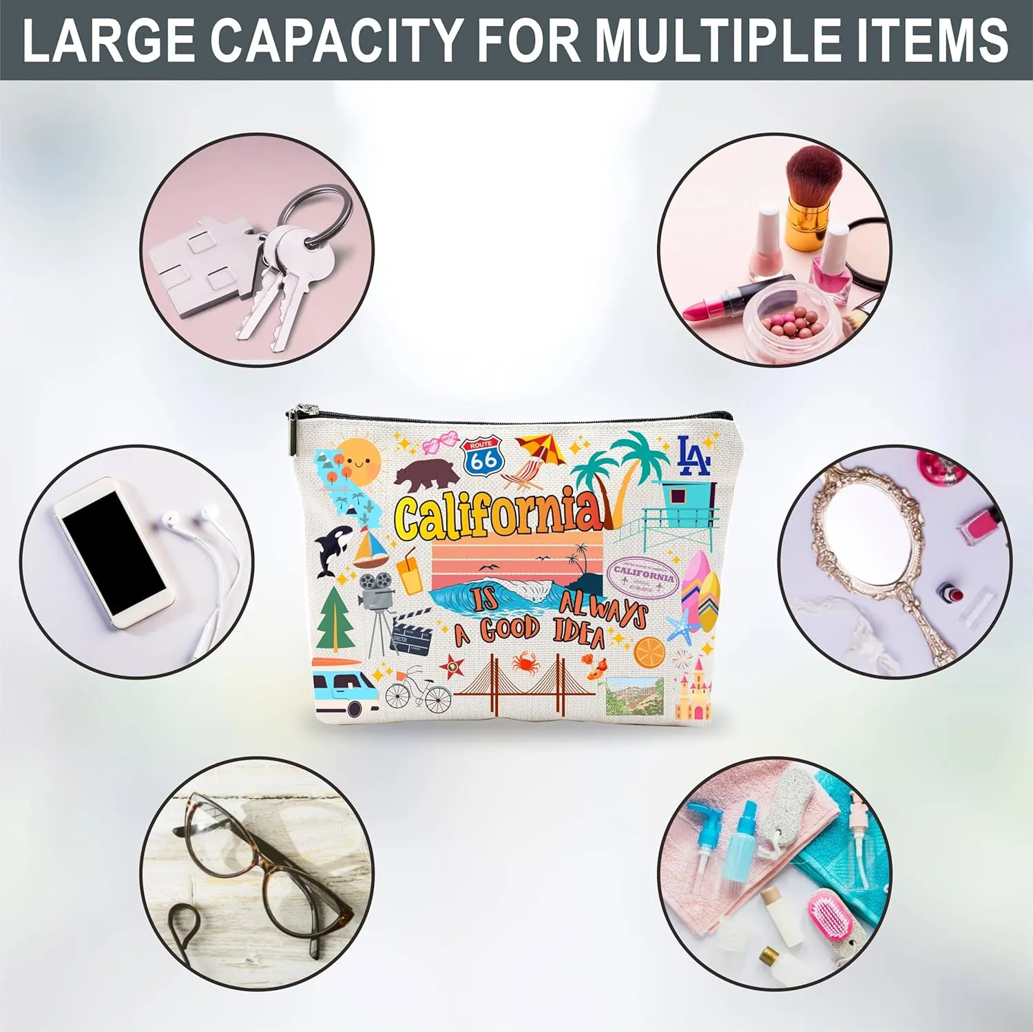 Cosmetic Bags for Women: Travel Organizer Bags, Makeup and Toiletry Pouch - California Themed Gifts - D05