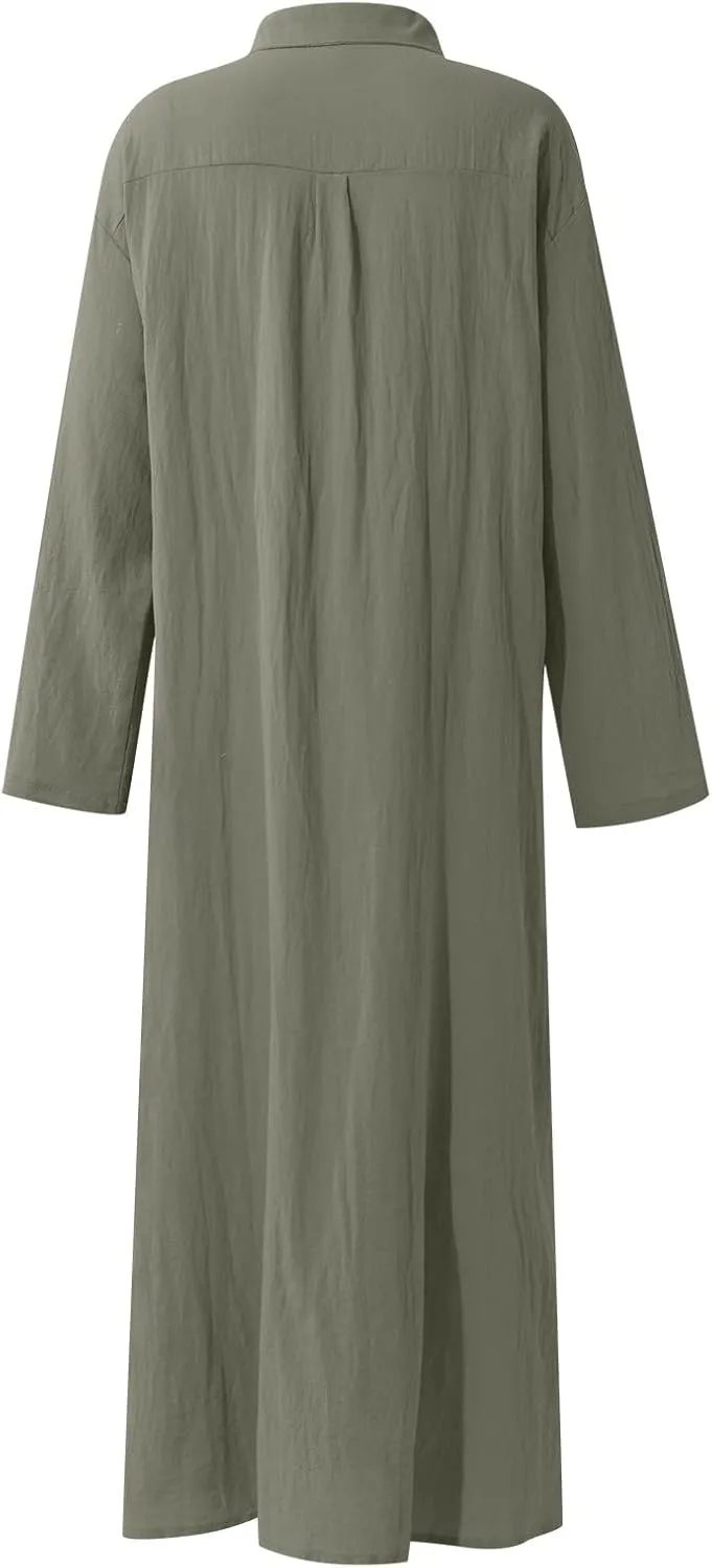 Cotton Linen Dresses for Women,2024 Summer Trendy Lapel Button Down Maxi Dress,Casual Loose Long Sleeve Beach Dress