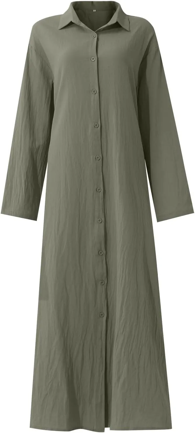 Cotton Linen Dresses for Women,2024 Summer Trendy Lapel Button Down Maxi Dress,Casual Loose Long Sleeve Beach Dress