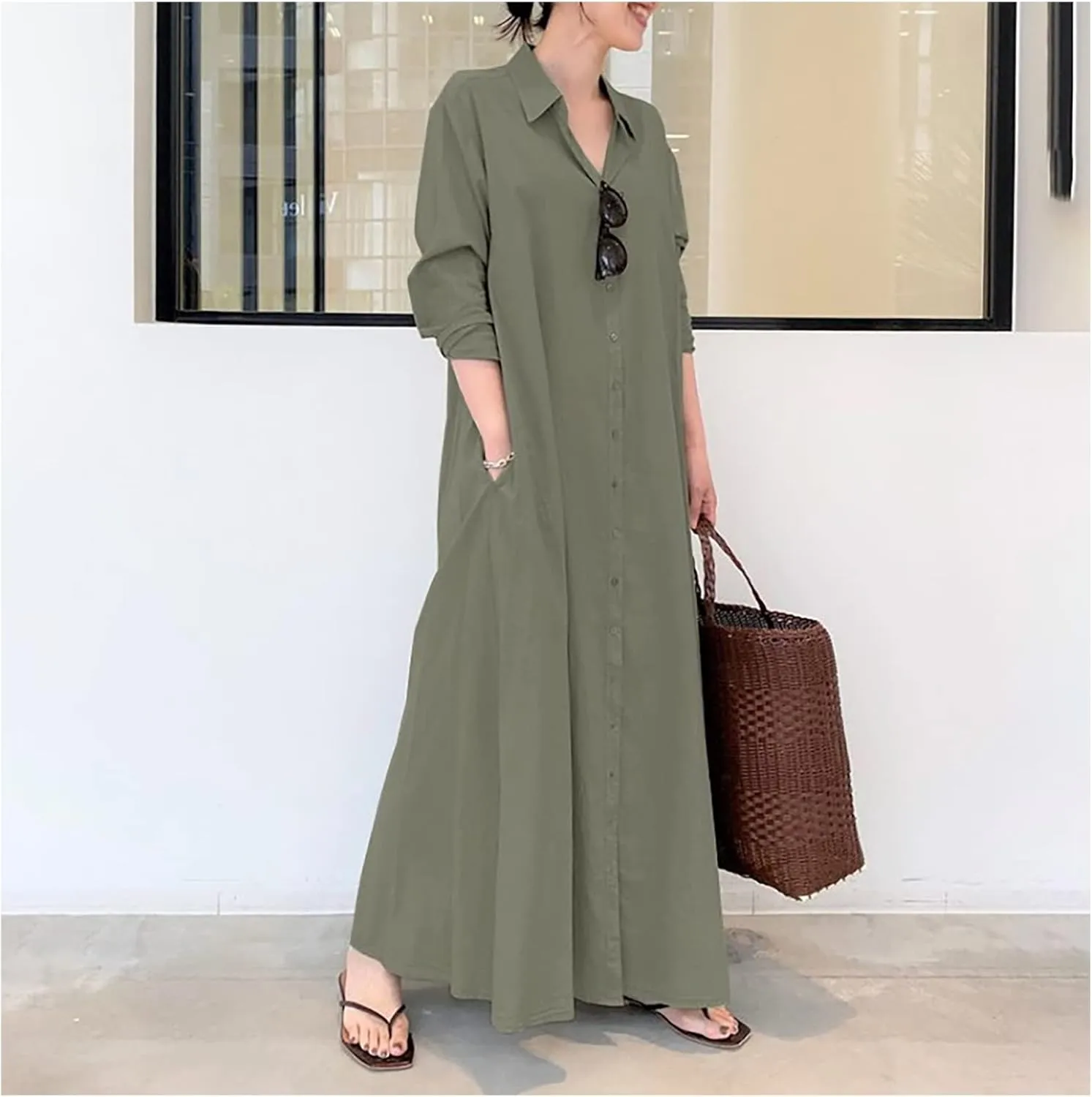 Cotton Linen Dresses for Women,2024 Summer Trendy Lapel Button Down Maxi Dress,Casual Loose Long Sleeve Beach Dress