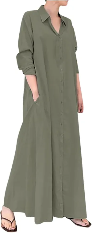 Cotton Linen Dresses for Women,2024 Summer Trendy Lapel Button Down Maxi Dress,Casual Loose Long Sleeve Beach Dress