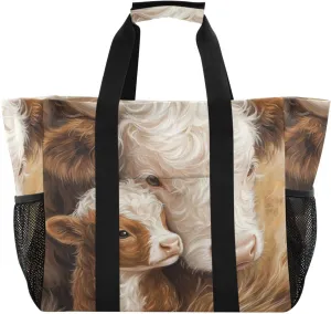 Cute White Brown Cow Large Beach Bags for Women & Men,Waterproof Sandproof Beach Tote Swim Pool Bag for Pool Gym Grocery Travel