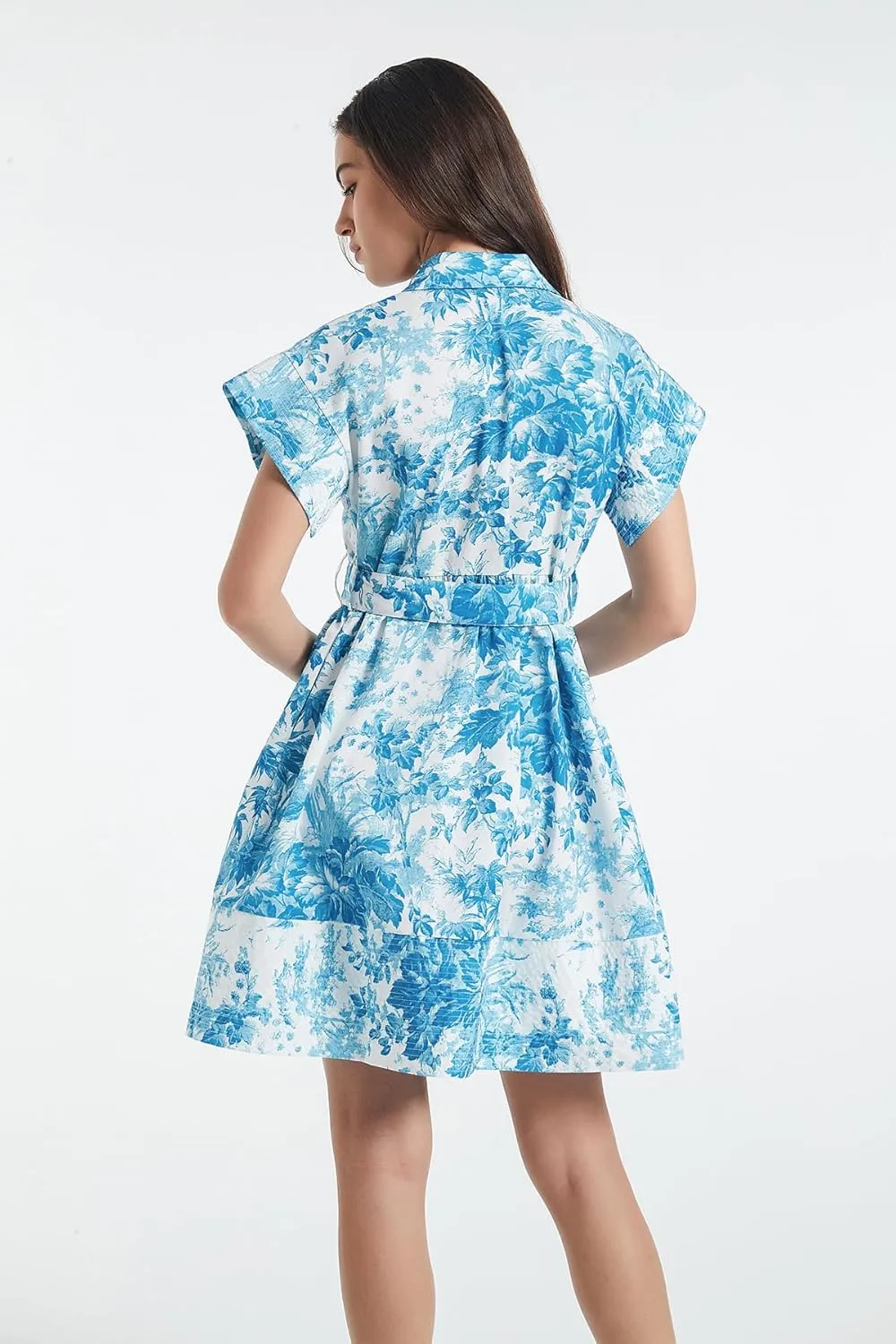 D-Sun Women Button Down Shirt Dress V-Neck Floral Printed Short Sleeve Mini Dress Casual Belted Short Party with Pocket