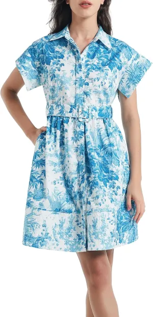 D-Sun Women Button Down Shirt Dress V-Neck Floral Printed Short Sleeve Mini Dress Casual Belted Short Party with Pocket