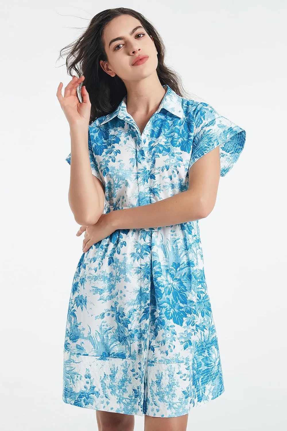 D-Sun Women Button Down Shirt Dress V-Neck Floral Printed Short Sleeve Mini Dress Casual Belted Short Party with Pocket