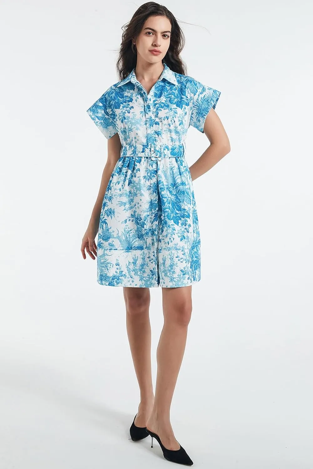 D-Sun Women Button Down Shirt Dress V-Neck Floral Printed Short Sleeve Mini Dress Casual Belted Short Party with Pocket