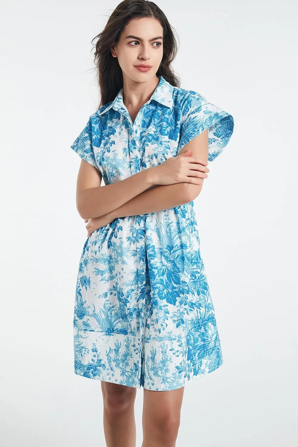 D-Sun Women Button Down Shirt Dress V-Neck Floral Printed Short Sleeve Mini Dress Casual Belted Short Party with Pocket