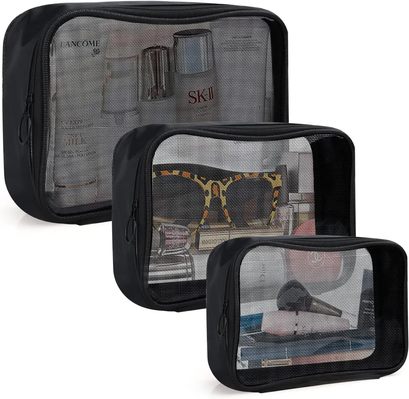 DARIN TSA Approved Clear Toiletry Bag Tansparent Travel Makeup Bag Zipper Cosmetic Pouch, Airline 3-1-1 Rule Carry-On Flight Liquid Bag For Women and Men- (2 Size 1L 1M,Clear Black) (Mesh Black)
