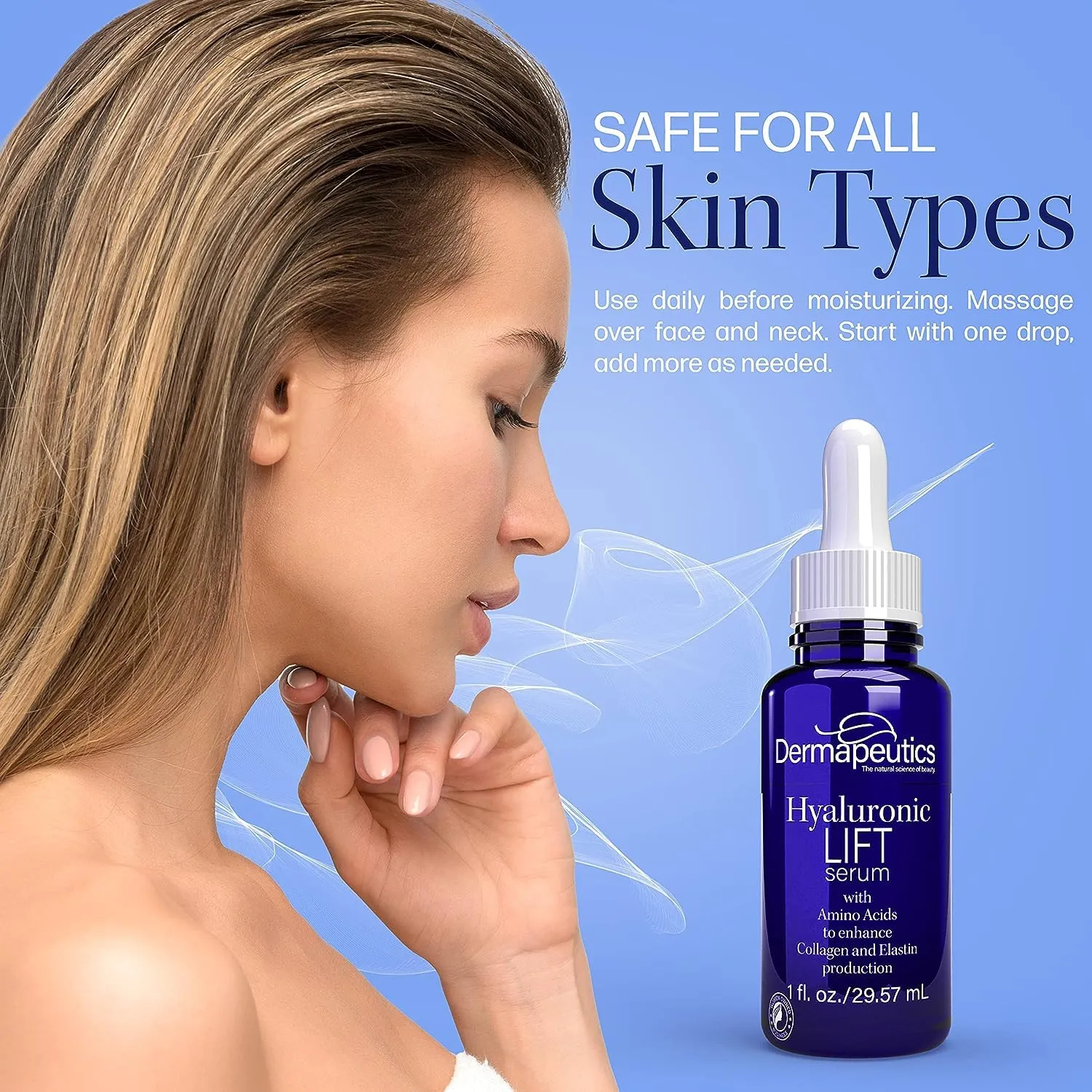 Dermapeutics Hyaluronic Lift Serum, Moisturizing Cream & and Mist Bundle for Face, 1 ounce serum, 2 ounce cream & 8 ounce Spray | Amino Acids Enhance Collagen and Elastin | For all Skin Types