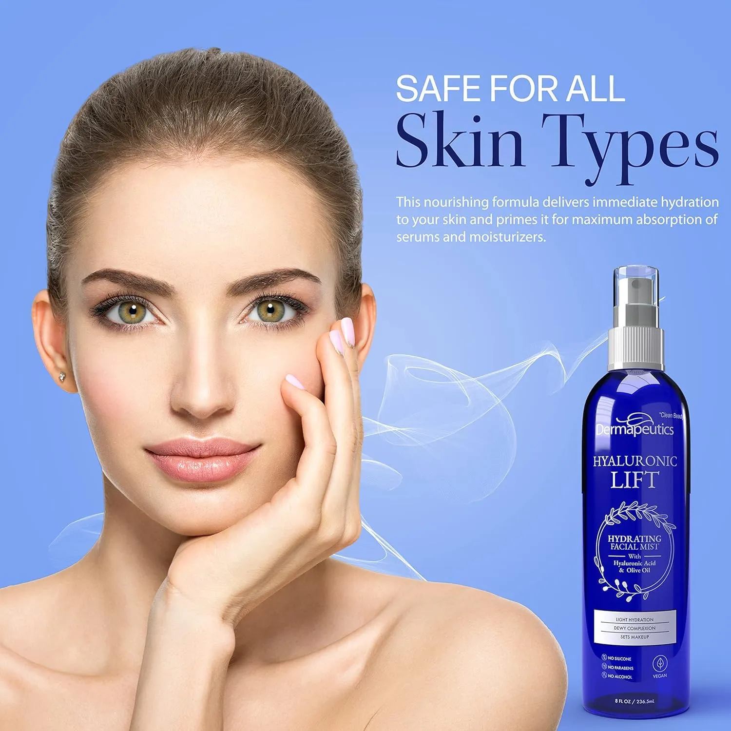 Dermapeutics Hyaluronic Lift Serum, Moisturizing Cream & and Mist Bundle for Face, 1 ounce serum, 2 ounce cream & 8 ounce Spray | Amino Acids Enhance Collagen and Elastin | For all Skin Types
