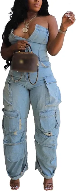 DINGANG Denim Jumpsuit for Women Sexy Slim Fit Strapless Cargo Denim Romper Wide Leg Jeans Multi Pockets