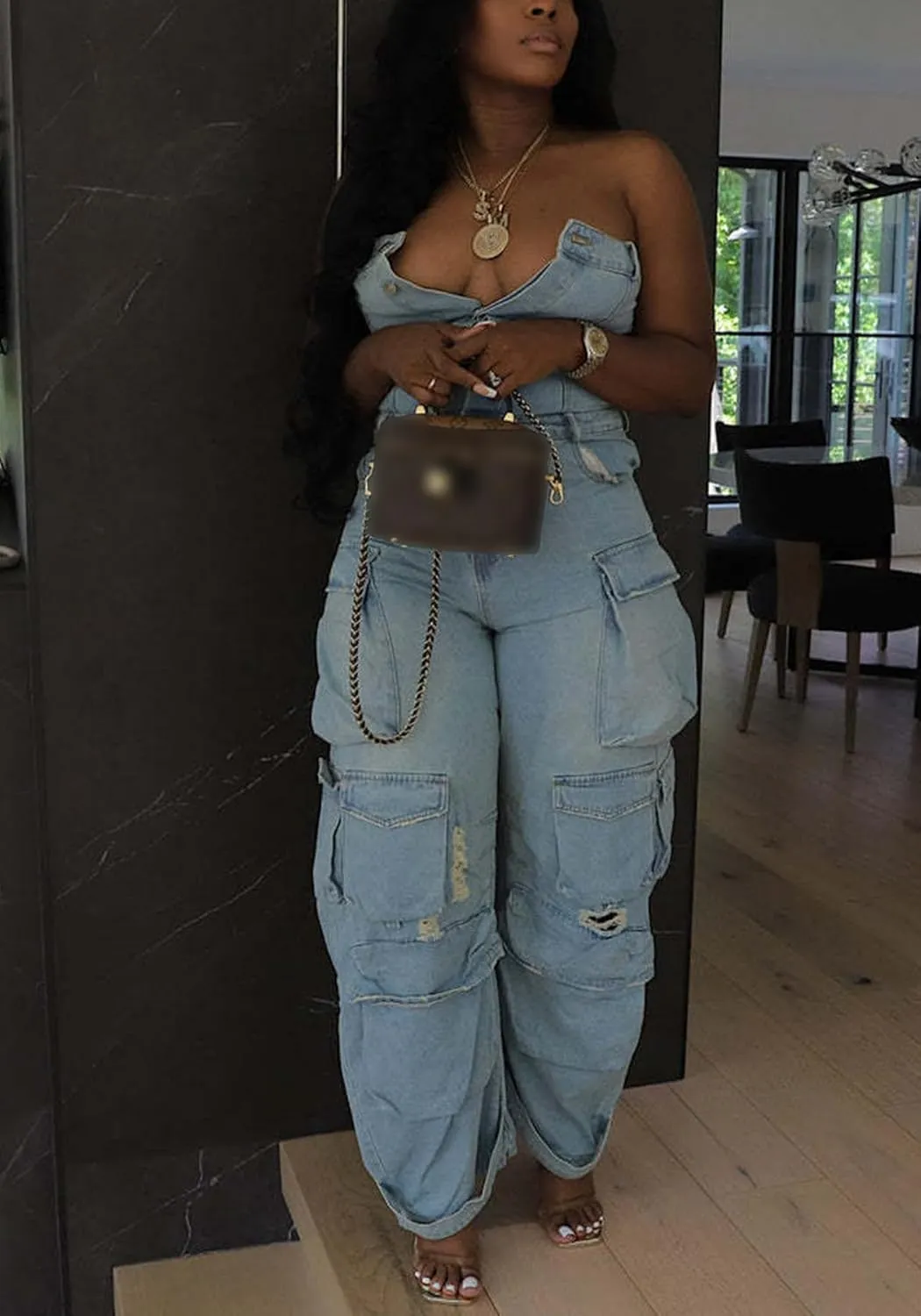 DINGANG Denim Jumpsuit for Women Sexy Slim Fit Strapless Cargo Denim Romper Wide Leg Jeans Multi Pockets