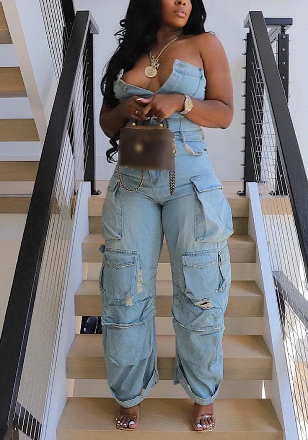 DINGANG Denim Jumpsuit for Women Sexy Slim Fit Strapless Cargo Denim Romper Wide Leg Jeans Multi Pockets