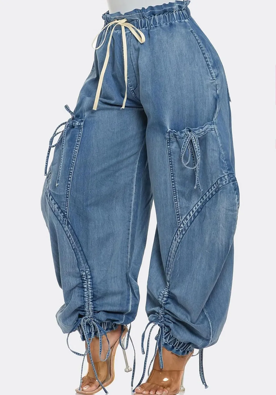 DINGANG High Waisted Barrel Jeans Womens Baggy Elastic Waisted Bow Jogger Trouser Harem Denim Pants