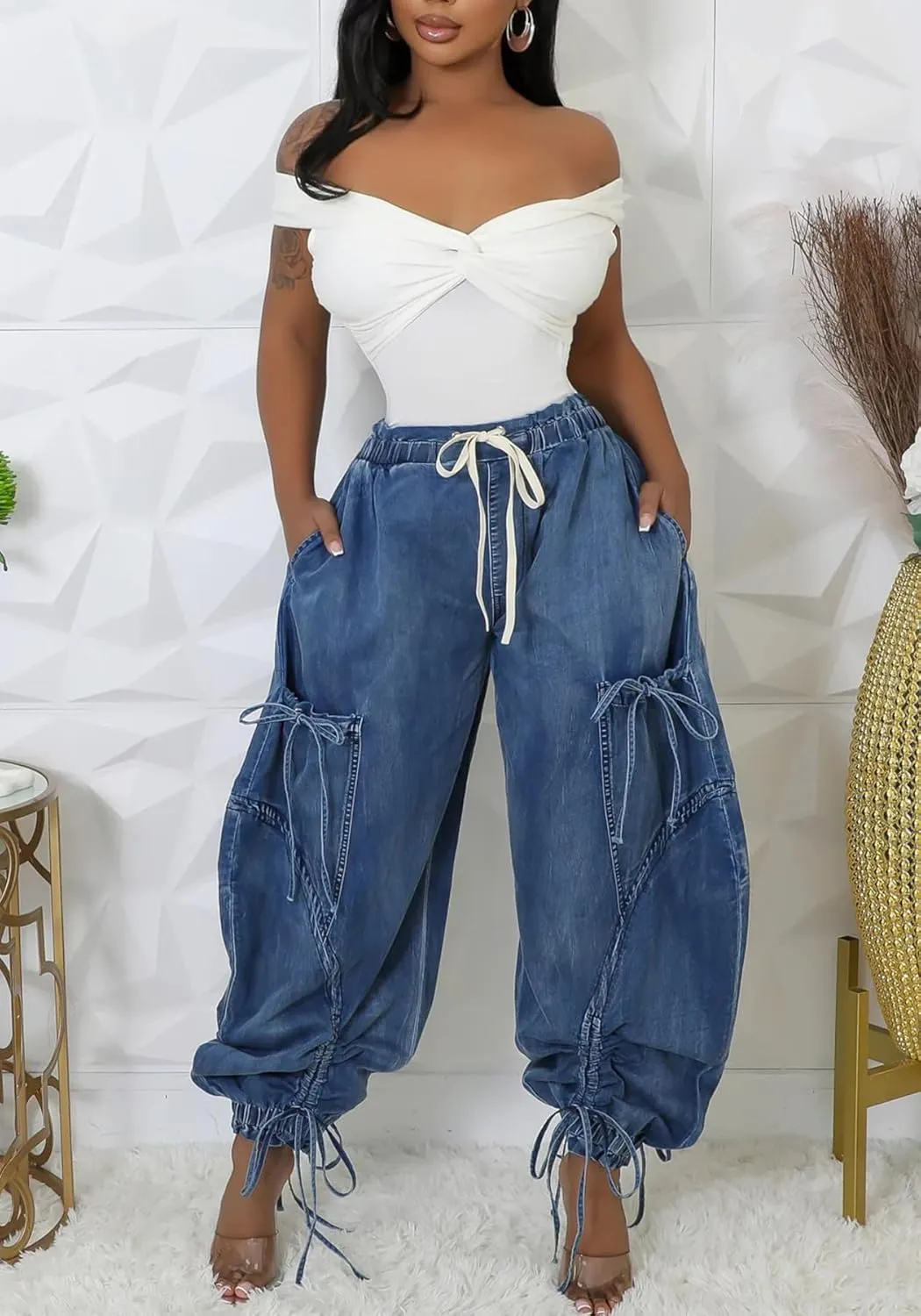 DINGANG High Waisted Barrel Jeans Womens Baggy Elastic Waisted Bow Jogger Trouser Harem Denim Pants