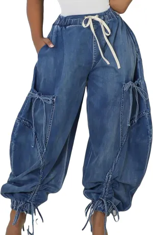 DINGANG High Waisted Barrel Jeans Womens Baggy Elastic Waisted Bow Jogger Trouser Harem Denim Pants