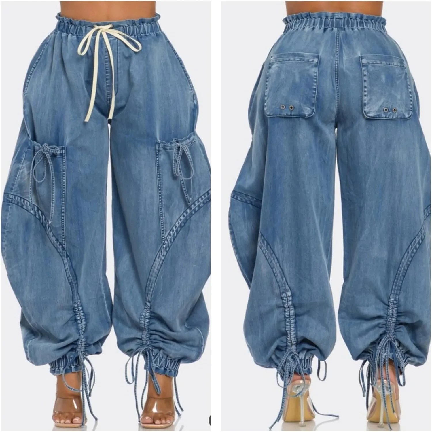 DINGANG High Waisted Barrel Jeans Womens Baggy Elastic Waisted Bow Jogger Trouser Harem Denim Pants
