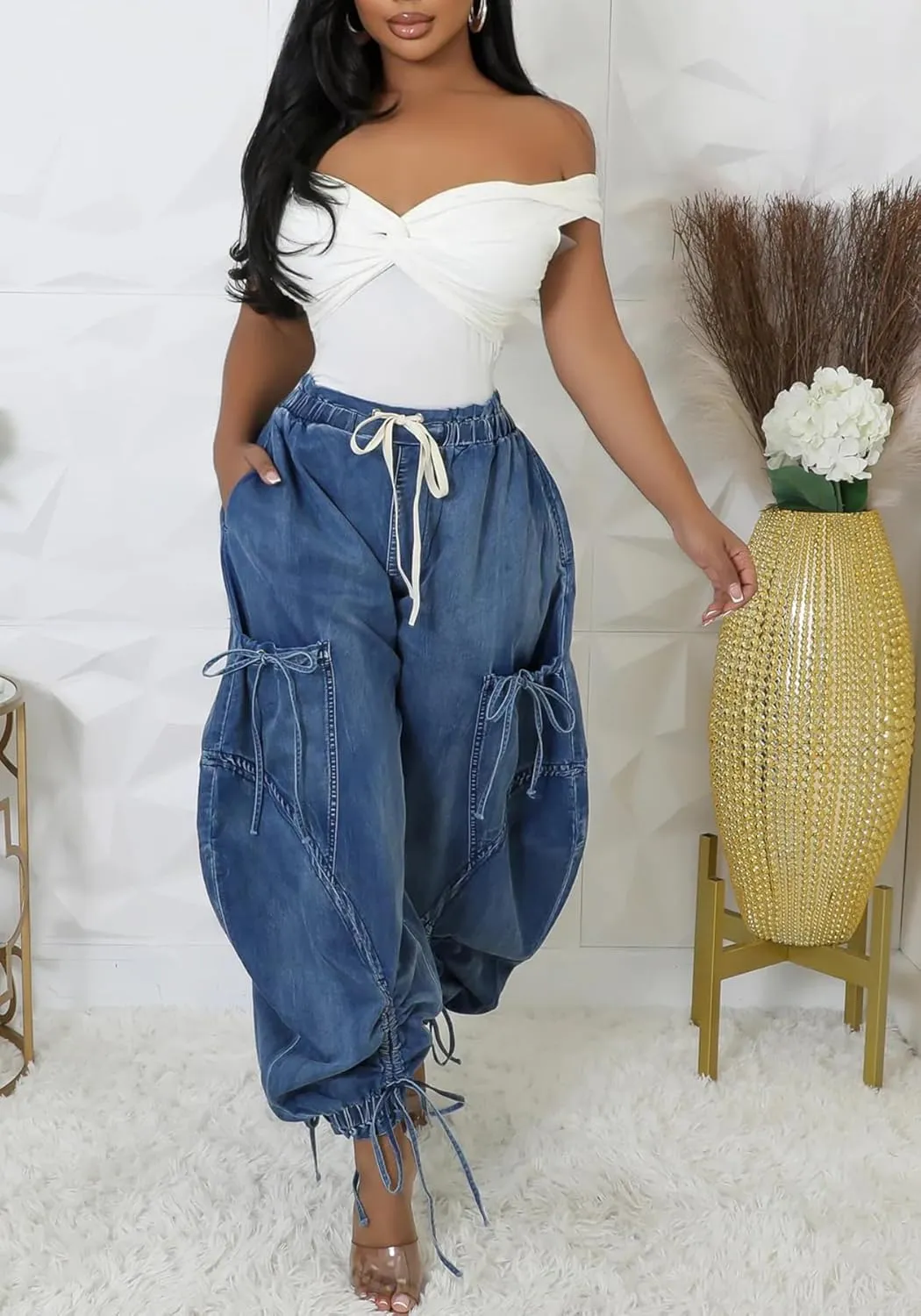 DINGANG High Waisted Barrel Jeans Womens Baggy Elastic Waisted Bow Jogger Trouser Harem Denim Pants