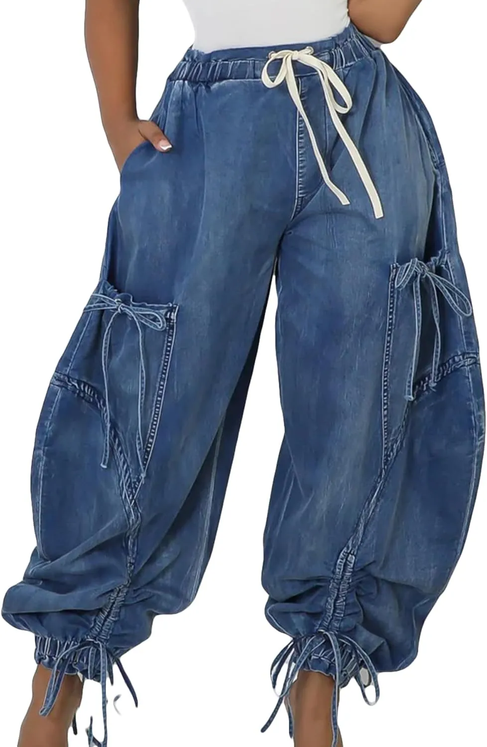 DINGANG High Waisted Barrel Jeans Womens Baggy Elastic Waisted Bow Jogger Trouser Harem Denim Pants
