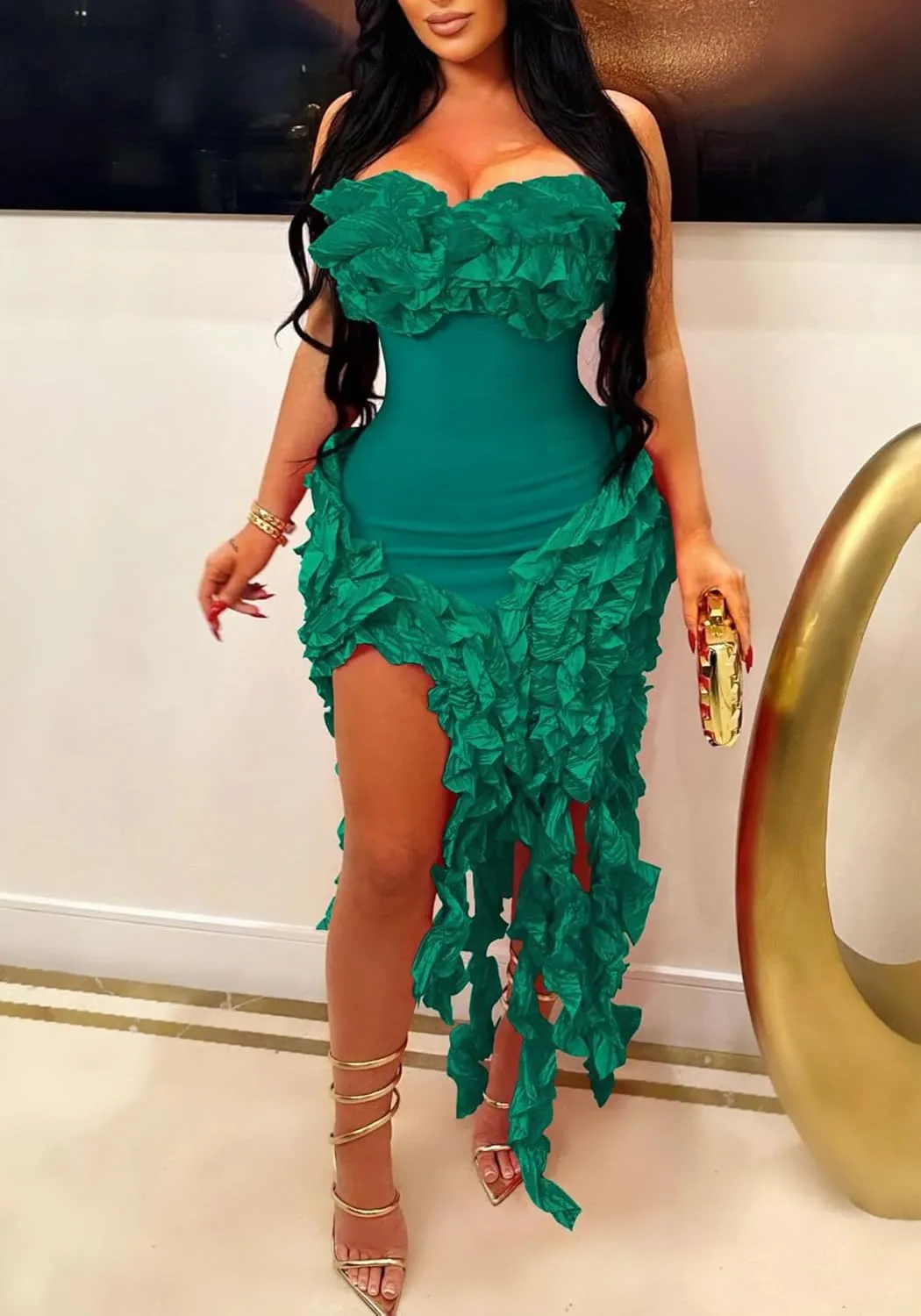 DINGANG Womens Dresses Sexy Off The Shoulder Corset Slit Summer Y2K Dress Club Party Long Dress