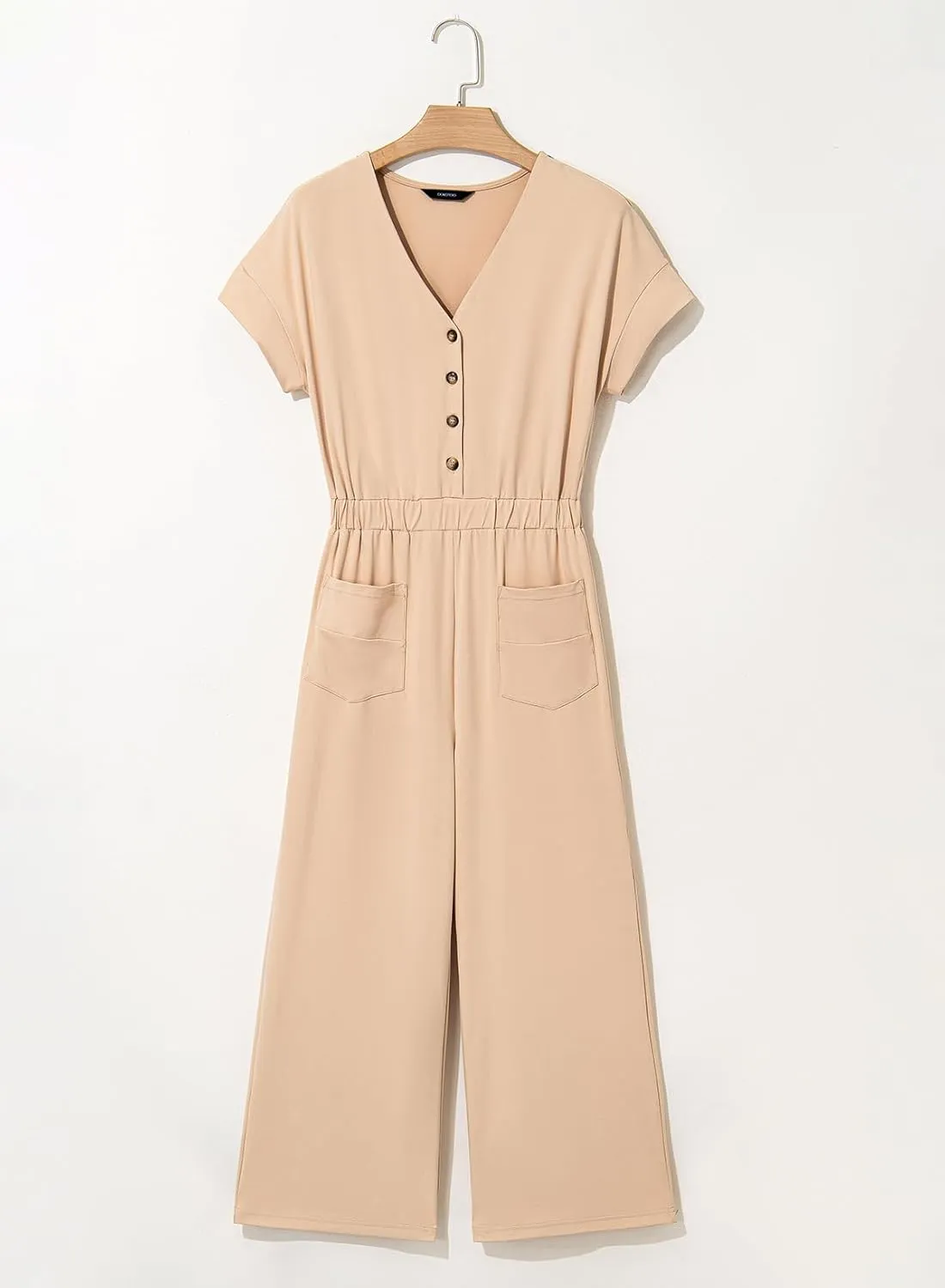 Dokotoo Womens Jumpsuits Dressy Summer Outfits 2025 Casual Short Sleeves Button Down Wide Leg Rompers with Pockets