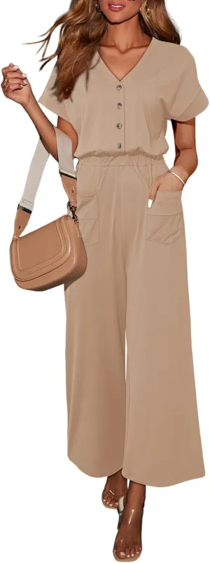 Dokotoo Womens Jumpsuits Dressy Summer Outfits 2025 Casual Short Sleeves Button Down Wide Leg Rompers with Pockets