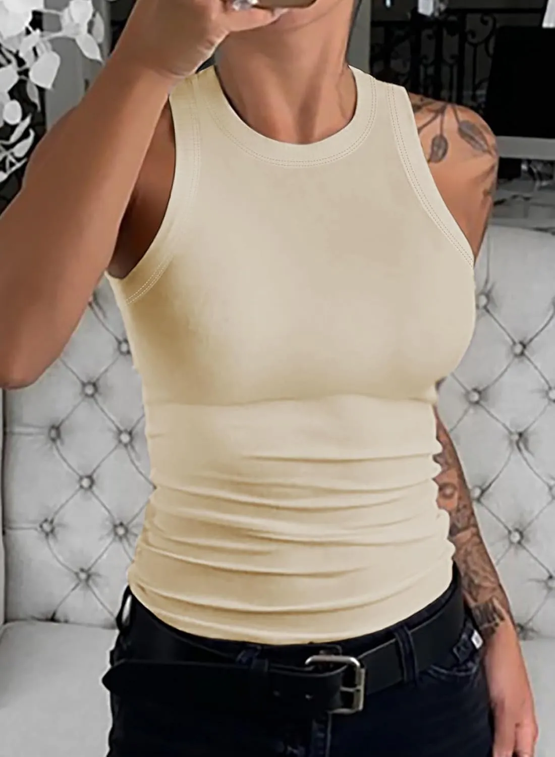 Dokotoo Womens Ladies Ribbed Thick Strap Racerback Tight Slim Fitted Sporty Workout Tank Tops