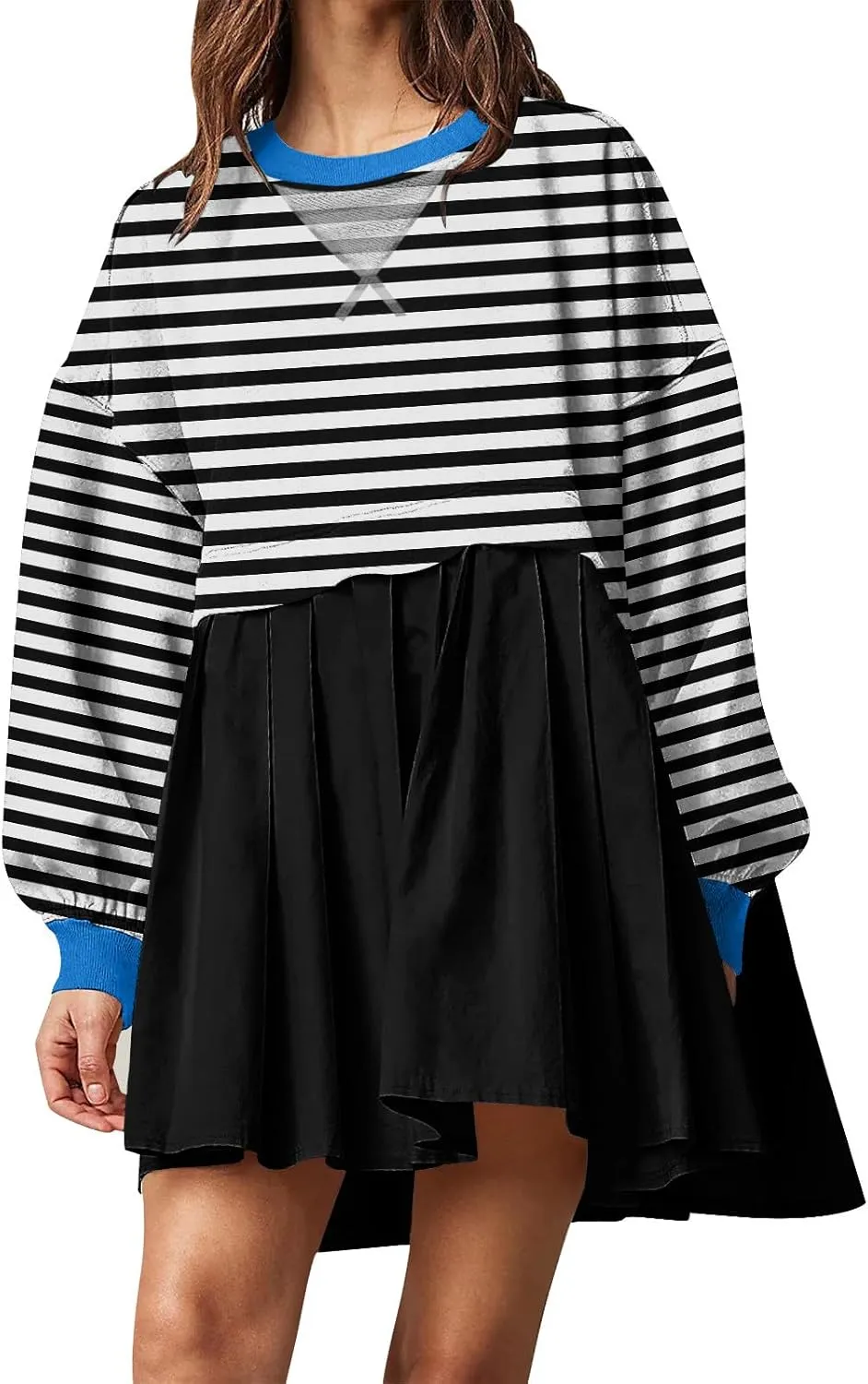 Dresses for Women 2024 Trendy Patchwork Striped Causal Long Sleeve Crewneck Sweatshirt Dress Cute Ruffle Mini Dress