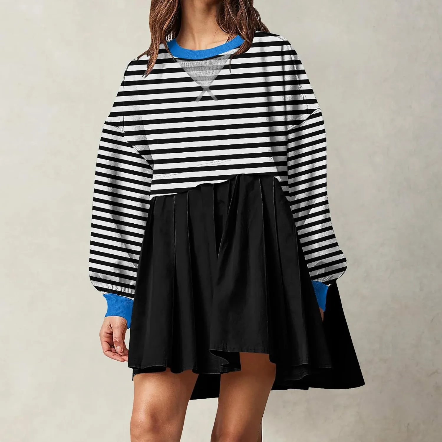 Dresses for Women 2024 Trendy Patchwork Striped Causal Long Sleeve Crewneck Sweatshirt Dress Cute Ruffle Mini Dress
