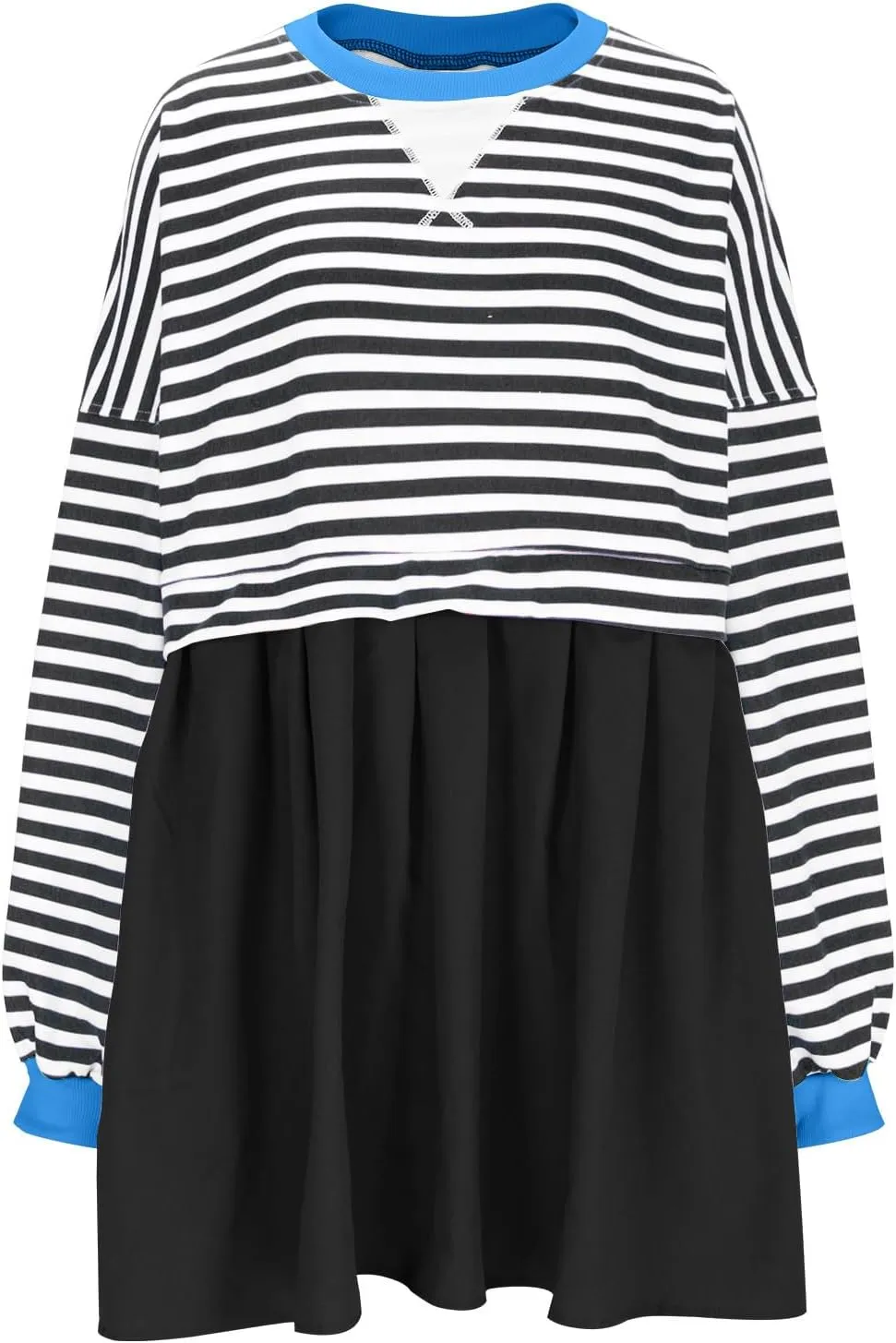 Dresses for Women 2024 Trendy Patchwork Striped Causal Long Sleeve Crewneck Sweatshirt Dress Cute Ruffle Mini Dress
