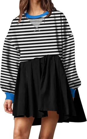 Dresses for Women 2024 Trendy Patchwork Striped Causal Long Sleeve Crewneck Sweatshirt Dress Cute Ruffle Mini Dress