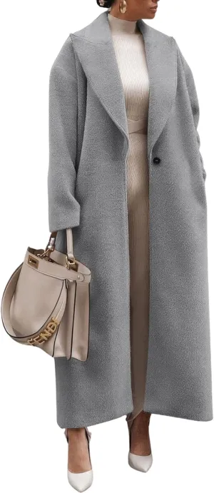 ebossy Women's Fashion Notched Lapel Single Breasted Open Front Maxi Long Trench Coat Woolen Overcoat