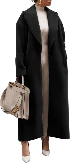 ebossy Women's Fashion Notched Lapel Single Breasted Open Front Maxi Long Trench Coat Woolen Overcoat