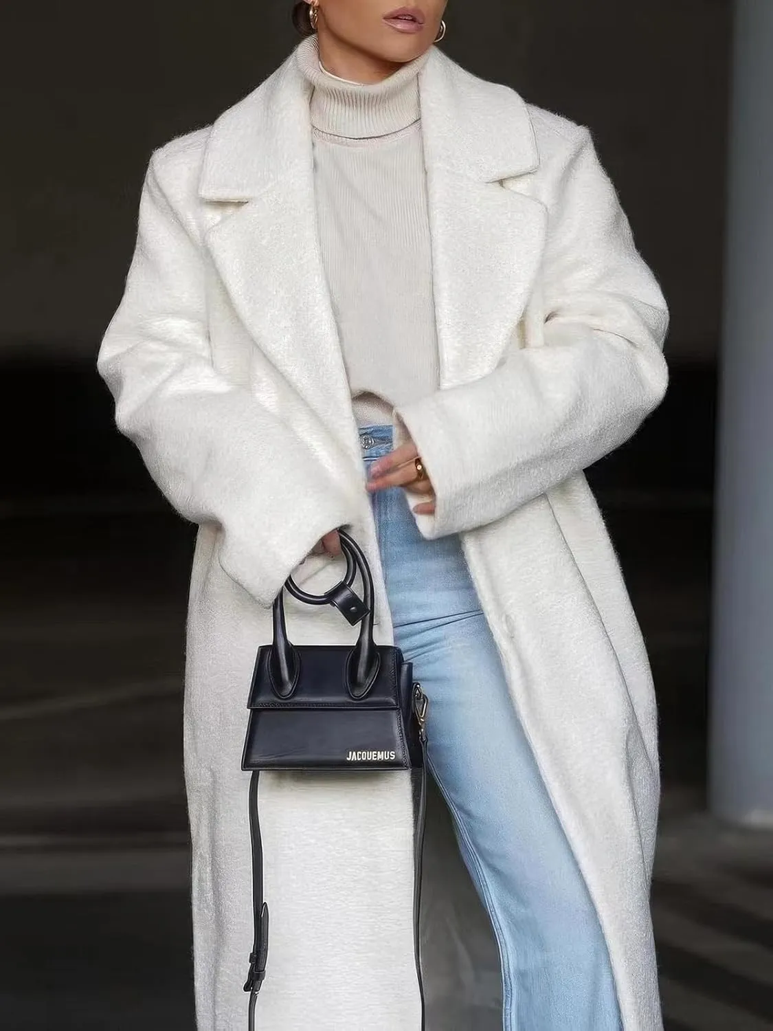 ebossy Women's Fashion Notched Lapel Single Breasted Open Front Maxi Long Trench Coat Woolen Overcoat
