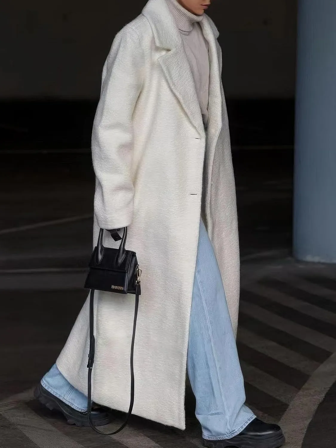 ebossy Women's Fashion Notched Lapel Single Breasted Open Front Maxi Long Trench Coat Woolen Overcoat