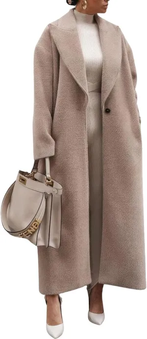 ebossy Women's Fashion Notched Lapel Single Breasted Open Front Maxi Long Trench Coat Woolen Overcoat