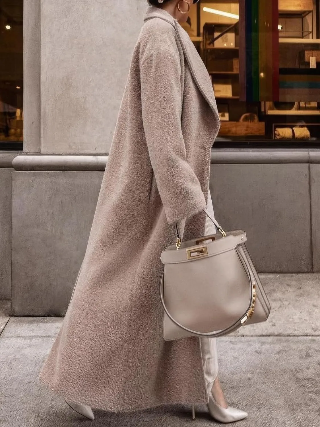 ebossy Women's Fashion Notched Lapel Single Breasted Open Front Maxi Long Trench Coat Woolen Overcoat