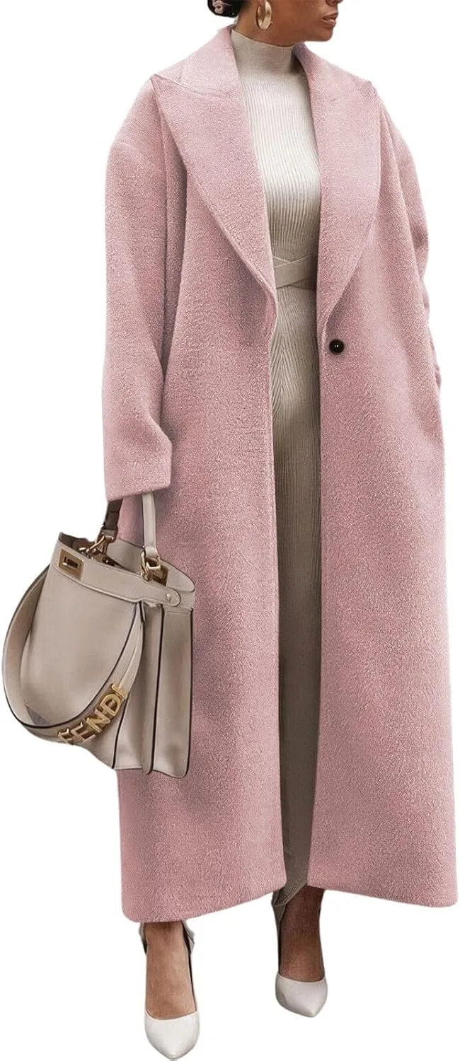 ebossy Women's Fashion Notched Lapel Single Breasted Open Front Maxi Long Trench Coat Woolen Overcoat
