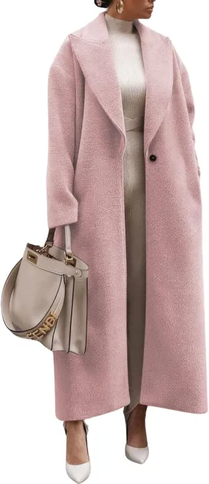 ebossy Women's Fashion Notched Lapel Single Breasted Open Front Maxi Long Trench Coat Woolen Overcoat
