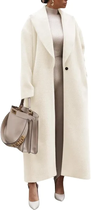 ebossy Women's Fashion Notched Lapel Single Breasted Open Front Maxi Long Trench Coat Woolen Overcoat