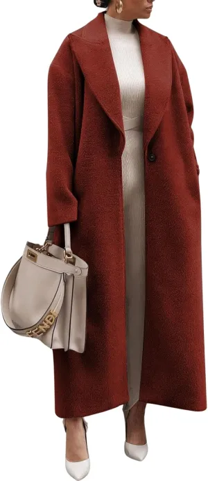 ebossy Women's Fashion Notched Lapel Single Breasted Open Front Maxi Long Trench Coat Woolen Overcoat